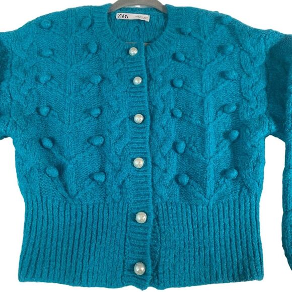 ZARA Faux Pearl Button front Cropped Cardigan Sweater Pom-pom Teal Blue Small - Picture 3 of 11